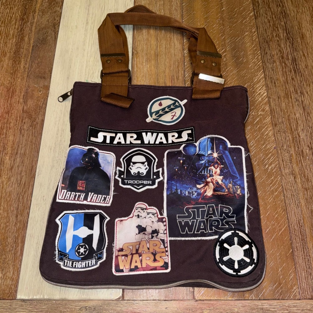 Star Wars Patch Canvas Tote Bag Kids OS Brown Excellent Darth Vader Yoda Graphic